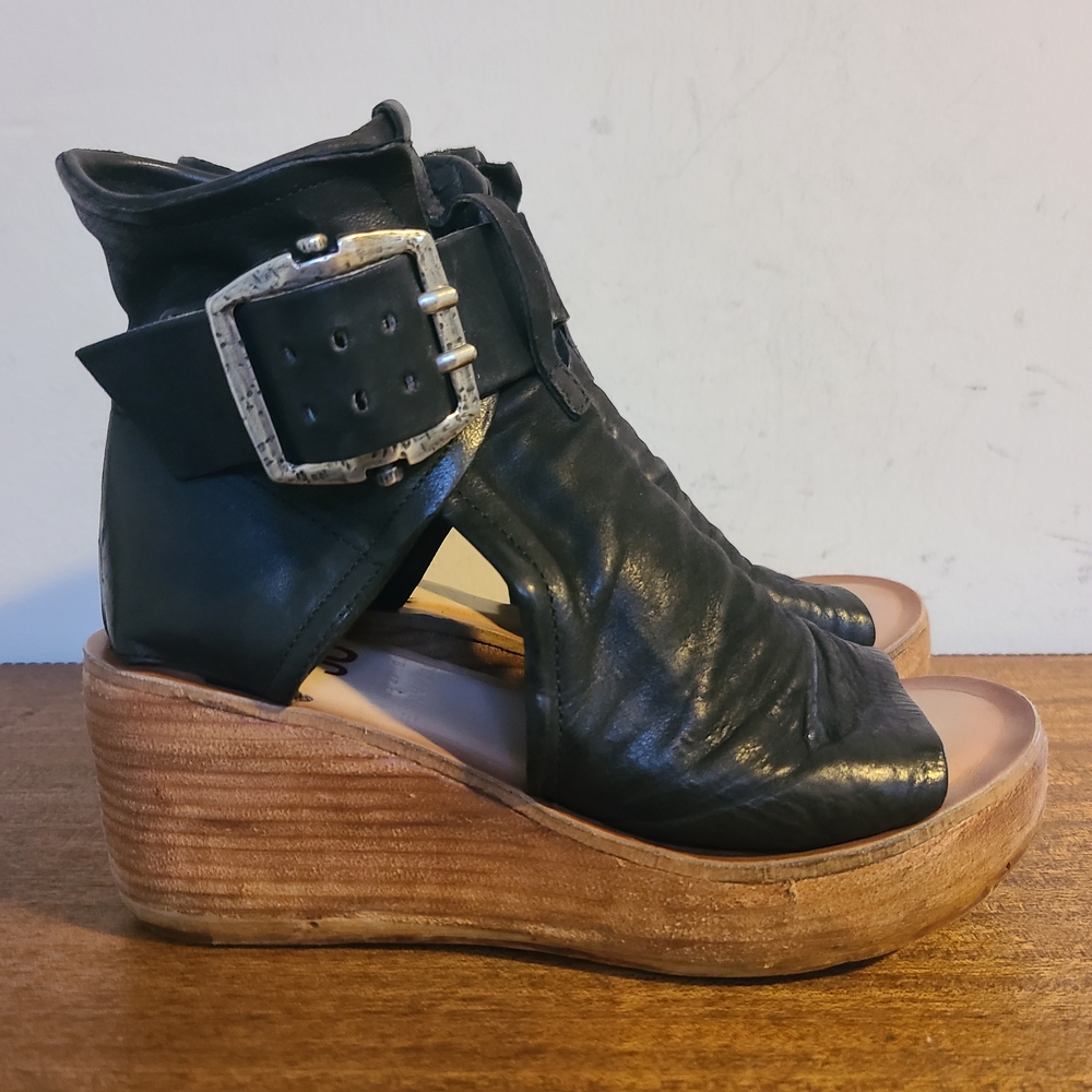 A.S.98 Naya Black Leather Wedge Sandals Size 37 - Picture 2 of 7